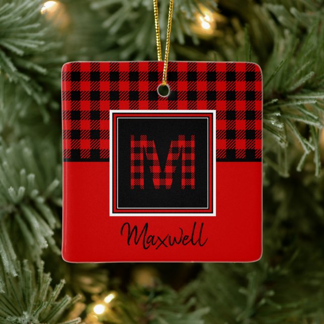 Buffalo Plaid Red and Black Monogram and Name Ceramic Ornament (Tree)