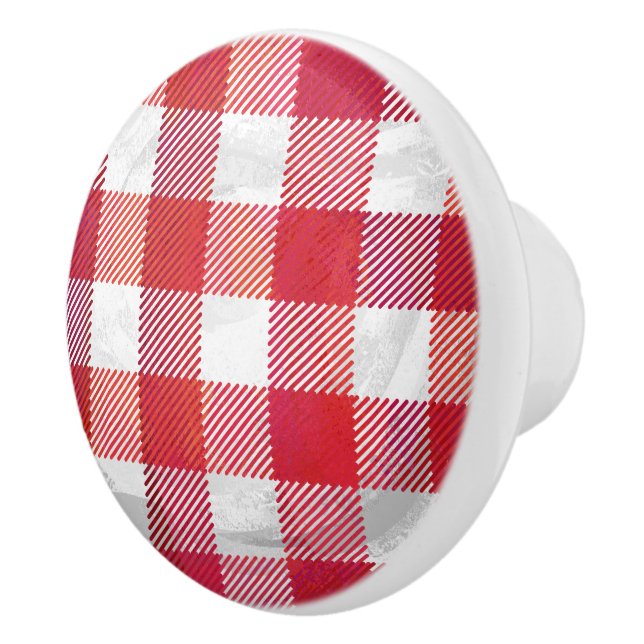 Buffalo Plaid Red and White Ceramic Knob (Right)
