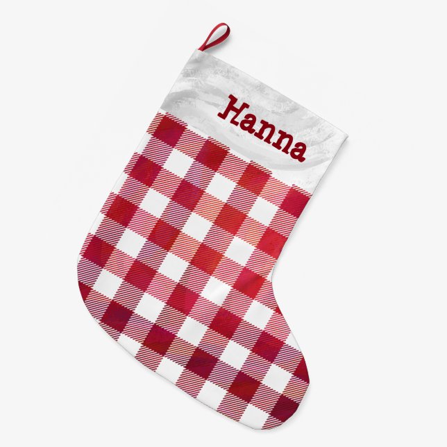 Buffalo Plaid Red and White Large Christmas Stocking (Front (Hanging))