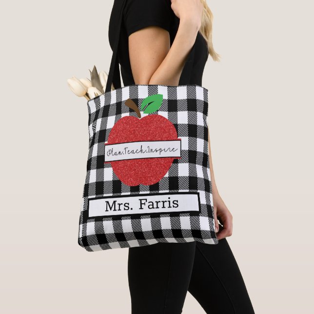 Buffalo Plaid Red Apple Teacher Appreciation  Tote Bag (Close Up)