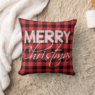 Buffalo Plaid Red Black   Merry Christmas Cushion