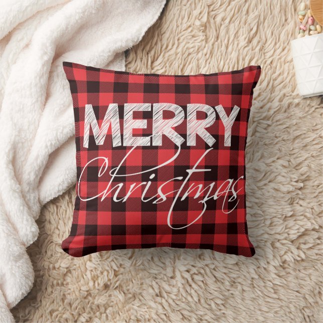 Buffalo Plaid Red Black | Merry Christmas Cushion (Blanket)
