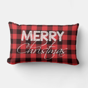 Buffalo Plaid Red Black   Merry Christmas Lumbar Cushion