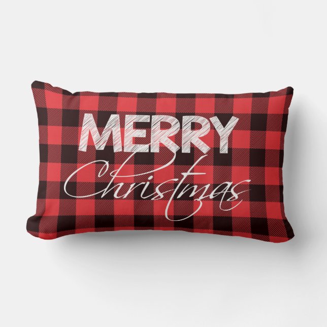 Buffalo Plaid Red Black | Merry Christmas Lumbar Cushion (Front)