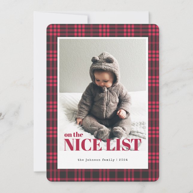 Buffalo Plaid Red Black Nice List Photo Christmas Invitation (Front)