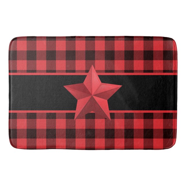 Buffalo Plaid Red/Black with Red Star Design Bath Mat (Front)