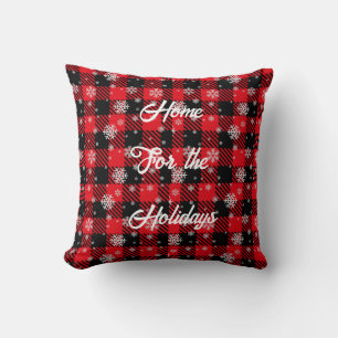 Buffalo Plaid Red & Black with Snowflakes Festive Cushion