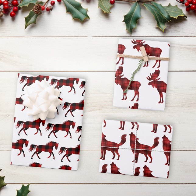 Buffalo Plaid Red Christmas Animals Lumberjack Wrapping Paper Sheet (Creator Uploaded)