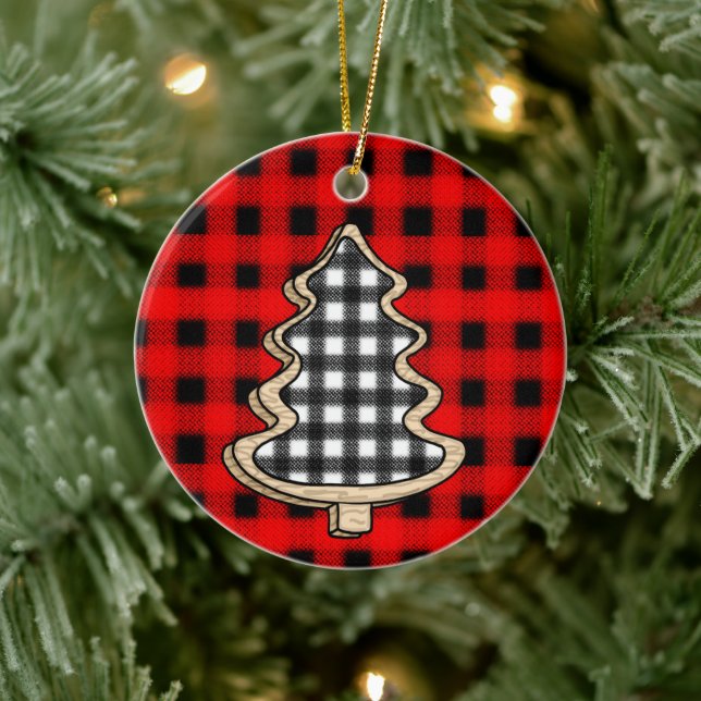 Buffalo Plaid, Red Gingham Christmas Trees   Ceramic Ornament (Tree)