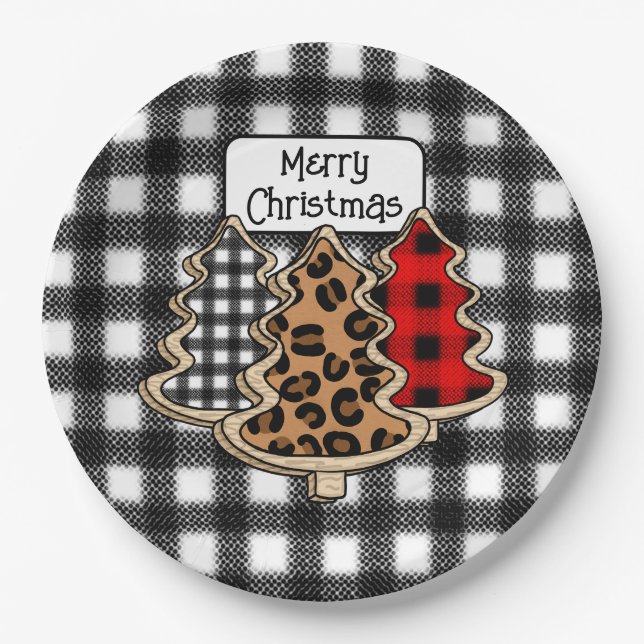 Buffalo Plaid, Red Gingham Christmas Trees  Paper Plate (Front)