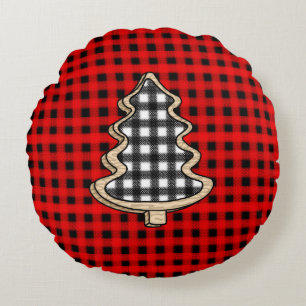 Buffalo Plaid, Red Gingham Christmas Trees Round Cushion