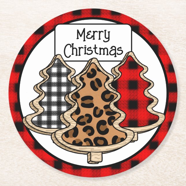 Buffalo Plaid, Red Gingham, Christmas Trees    Round Paper Coaster (Front)