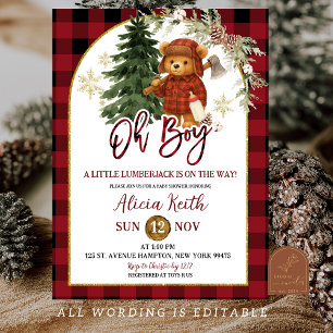 Buffalo plaid Red Winter Lumberjack Bear Shower Invitation