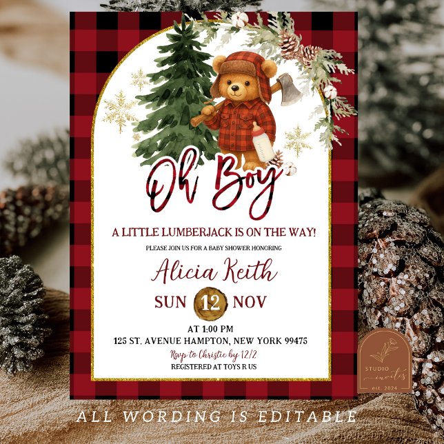 Buffalo plaid Red Winter Lumberjack Bear Shower Invitation (Creator Uploaded)