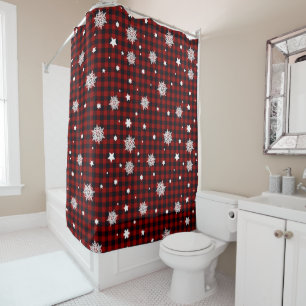 buffalo plaid red winter snowflake shower curtain