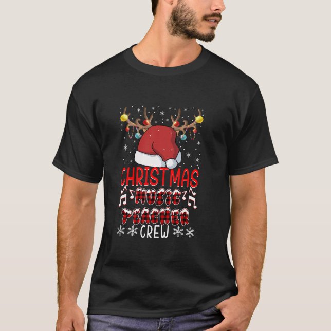 Buffalo Plaid Reindeer Christmas Music Teacher Cre T-Shirt (Front)