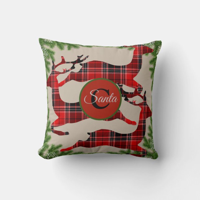 Buffalo Plaid Reindeer Pine Boughs Monogram Cushion (Front)