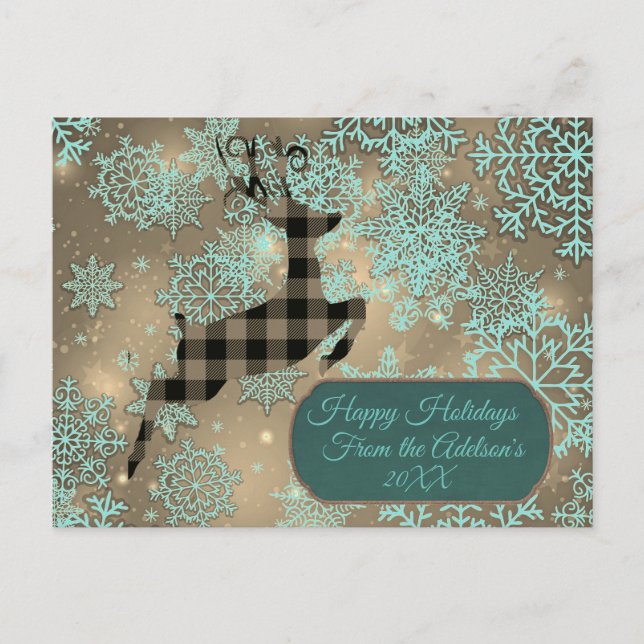 Buffalo Plaid Reindeer Snowflake Holiday Postcard (Front)