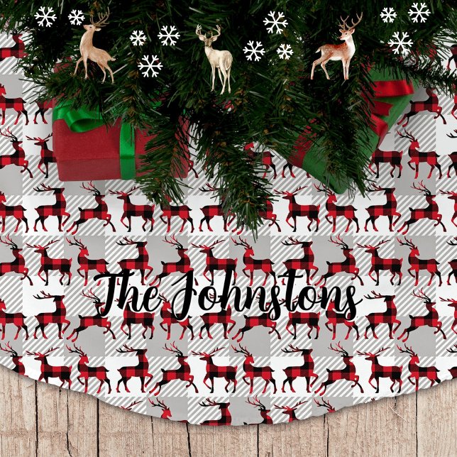 Buffalo Plaid Reindeers on Grey Buffalo Plaid Brushed Polyester Tree Skirt (Buffalo Plaid Reindeers on Gray Buffalo Plaid Tree Skirt)