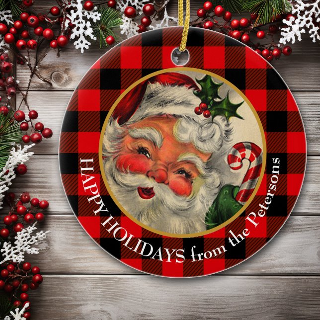 Buffalo Plaid Retro Santa Claus Ceramic Ornament (Creator Uploaded)