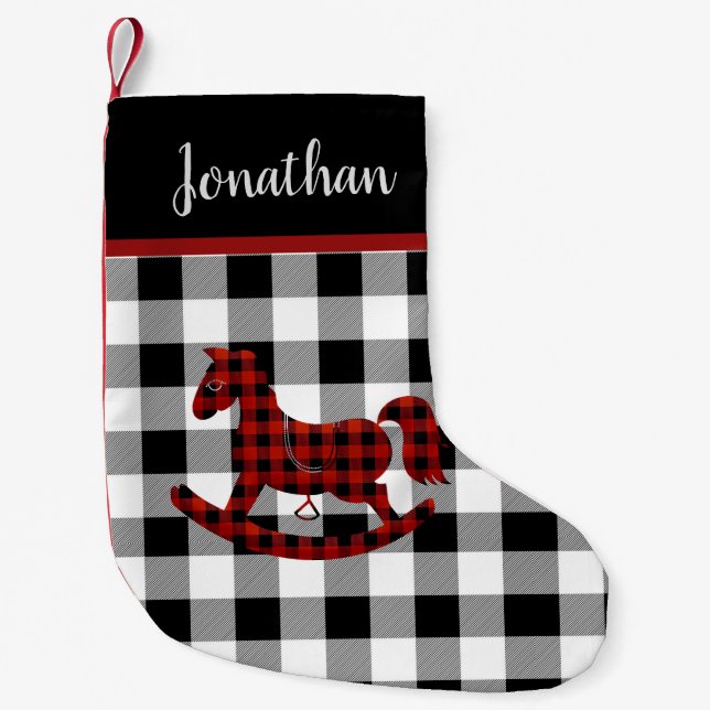 Buffalo Plaid Rocking Horse Christmas Stocking (Front)