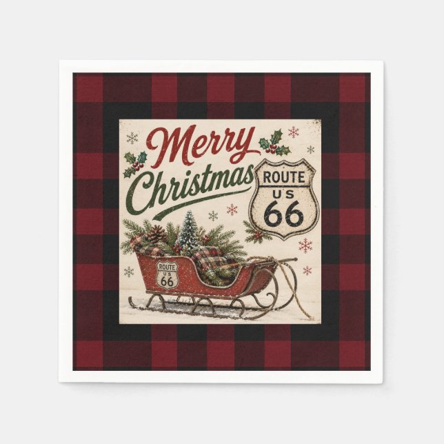 Buffalo Plaid Route 66 Holiday Table Napkin (Front)