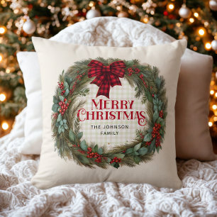 Buffalo Plaid Rustic Farmhouse Christmas Wreath Cushion