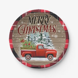 Buffalo Plaid Rustic Red Pickup Truck Paper Plate