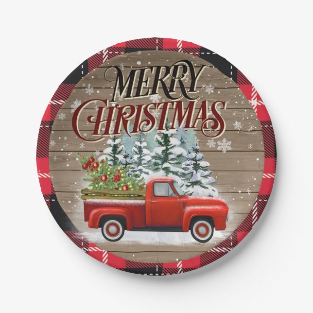 Buffalo Plaid Rustic Red Pickup Truck Paper Plate (Front)