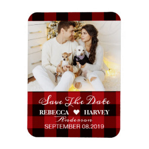 buffalo plaid rustic winter wedding save the date magnet