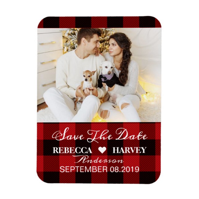 buffalo plaid rustic winter wedding save the date magnet (Vertical)