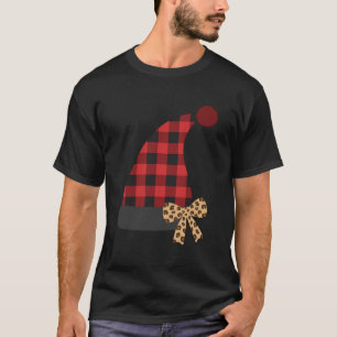 Buffalo Plaid Santa Hat with Leopard Print Bow T-Shirt