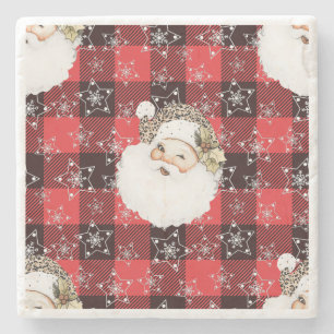 Buffalo Plaid Santa with Snowflakes & Stars Stone Coaster