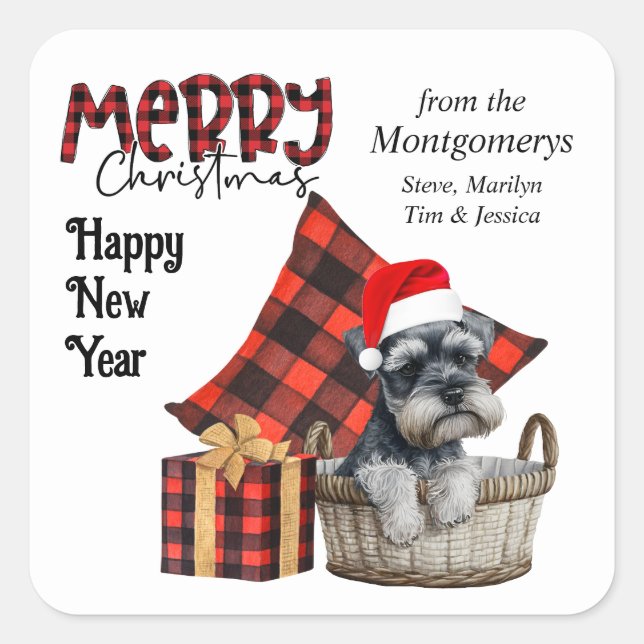 Buffalo Plaid Schnauzer Puppy Holiday Square Sticker (Front)
