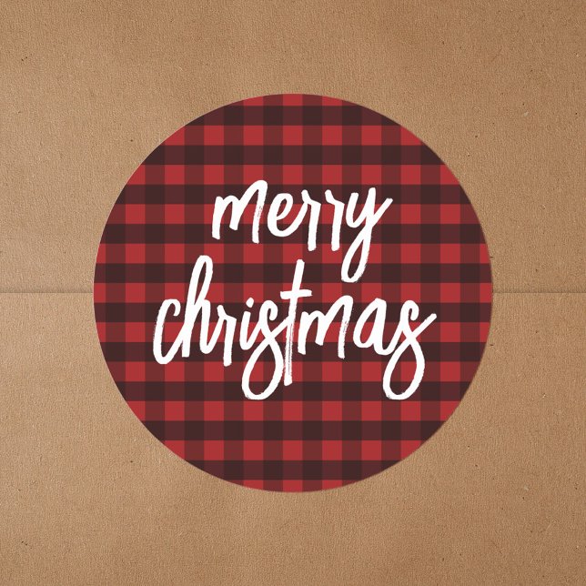 Buffalo Plaid Script Calligraphy Merry Christmas Classic Round Sticker (Creator Uploaded)