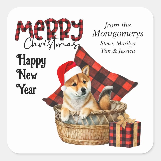 Buffalo Plaid Shiba Inu Puppy Christmas Square Sticker (Front)