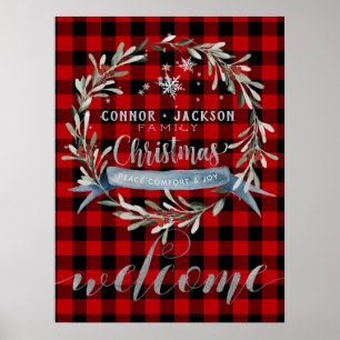 Buffalo Plaid Silver Script Christmas Welcome Poster