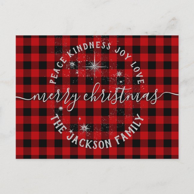 Buffalo Plaid Silver Script Merry Christmas Card (Front)