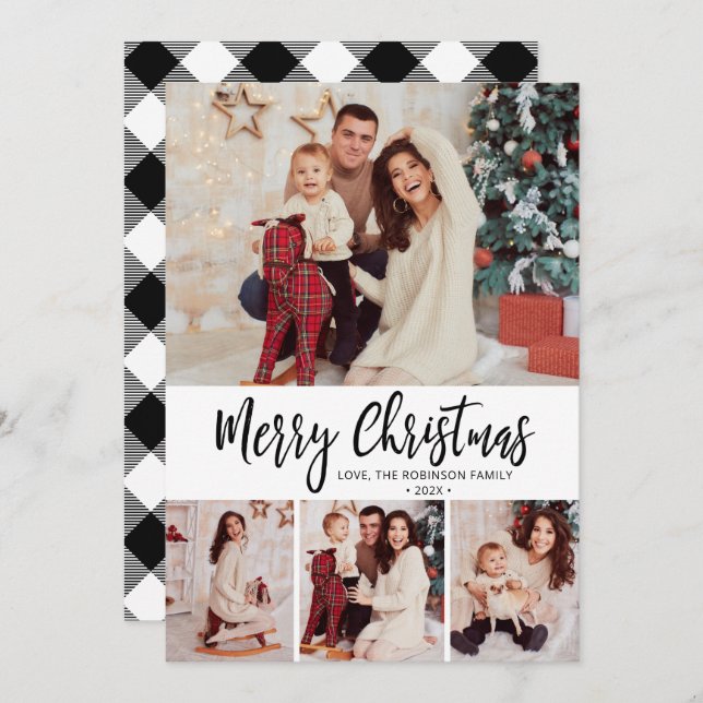 Buffalo Plaid Simple 4 Photo Collage Christmas  Holiday Card (Front/Back)