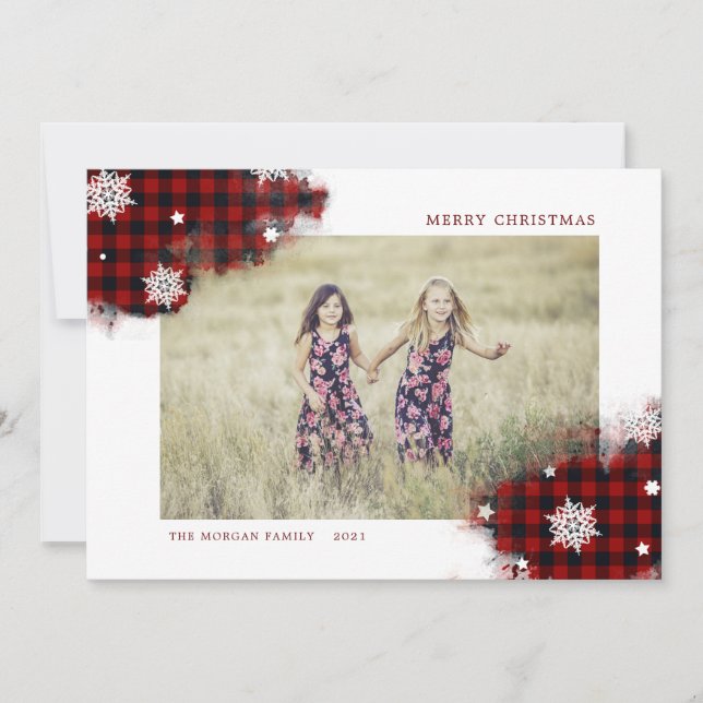 buffalo plaid snowflake splash holiday photo card (Front)