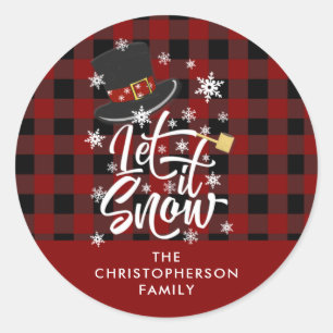 Buffalo Plaid Snowflake Whimsical LET IT SNOW Classic Round Sticker