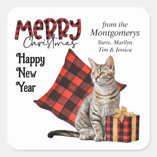 Buffalo Plaid Striped Tabby Cat Christmas Square Sticker (Front)