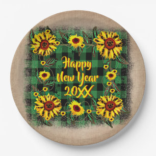 Buffalo Plaid Sunflower Happy New Year 20xx 9" Paper Plate
