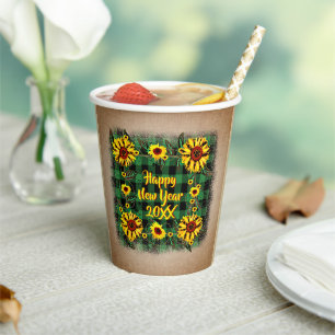 Buffalo Plaid Sunflower Happy New Year 20xx Paper Cups