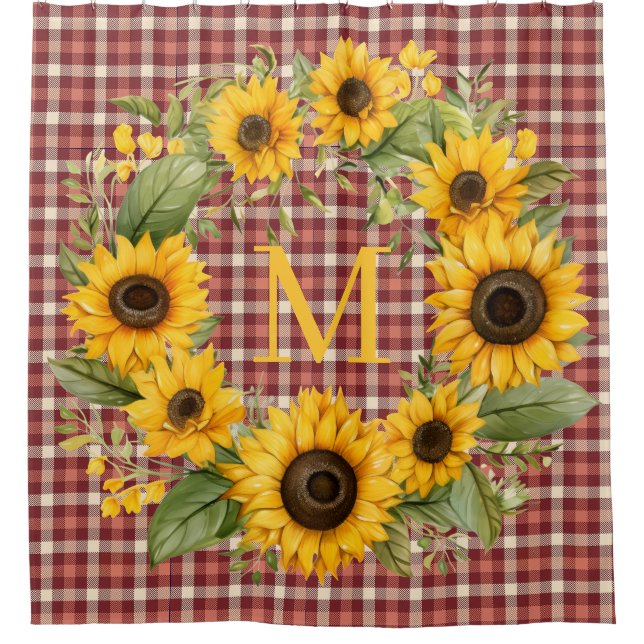 Buffalo Plaid Sunflowers Monogram Shower Curtain (Front)