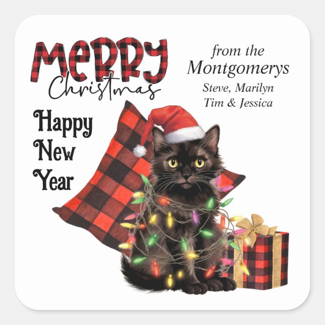 Buffalo Plaid Tangled Lights Cat Christmas Square Sticker (Front)