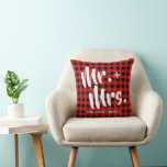 Buffalo Plaid Tartan Mr. and Mrs. Wedding Cushion<br><div class="desc">Rustic country style couple pillow featuring a red buffalo plaid tartan pattern, the title Mr. & Mrs., and your names underneath. On the reverse is the dates of when you first meet (or the first date), the yes day (engaged) and the best day (wedding date). The background can be changed...</div>