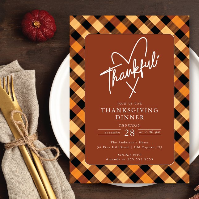 Buffalo Plaid Thankful Thanksgiving Dinner Invitation (Creator Uploaded)