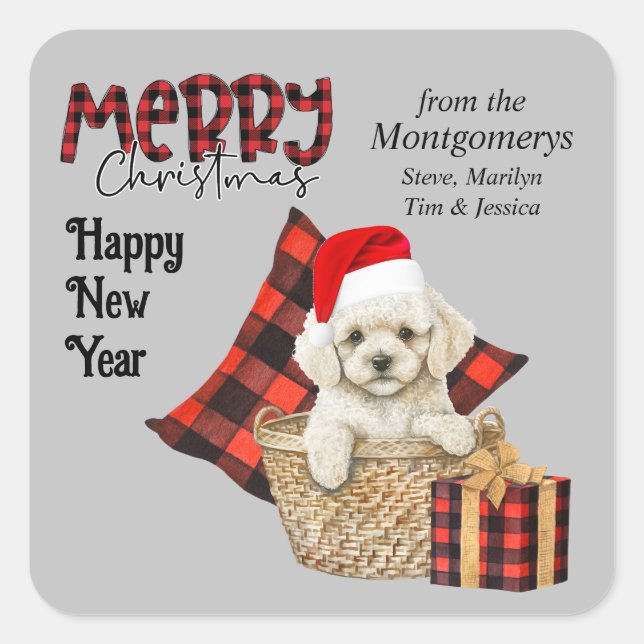 Buffalo Plaid Toy Poodle Puppy Christmas Square Sticker (Front)