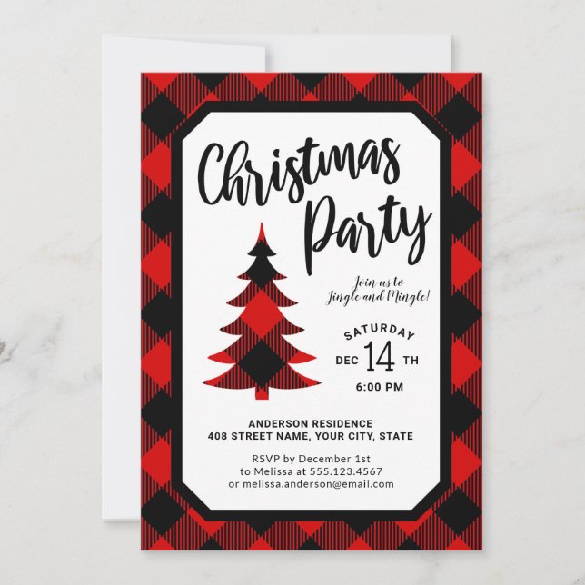 Buffalo Plaid Tree Christmas Party Invitation (Front)